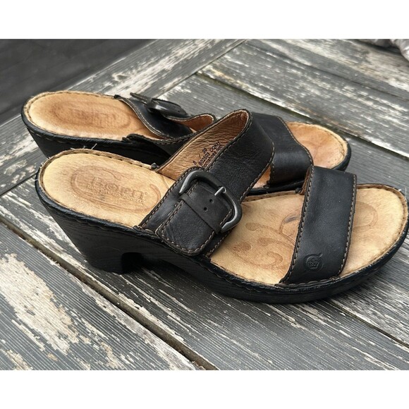 Born Black Leather Slip On Slide Sandals Heeled Shoes Buckle Size 8 - Picture 3 of 7